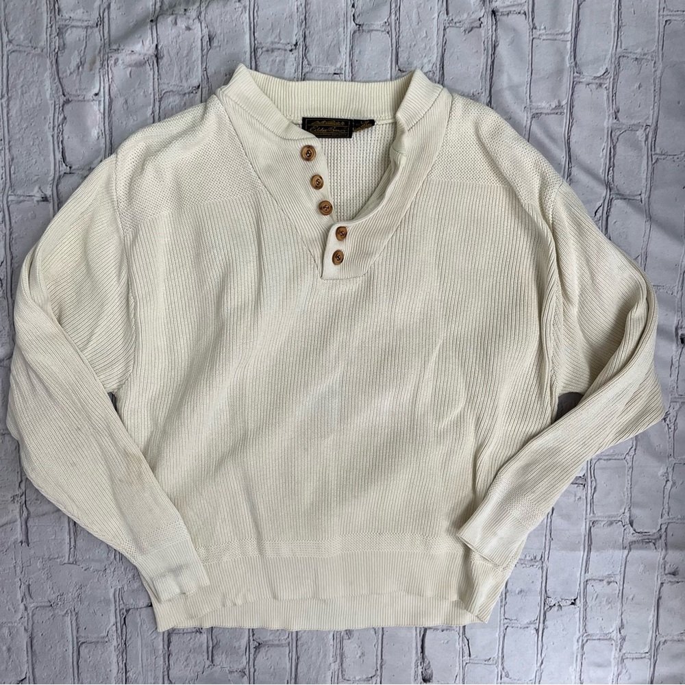 Vintage Eddie Bauer Knit Fisherman Sweater Ivory Large Cotton Stained Arm